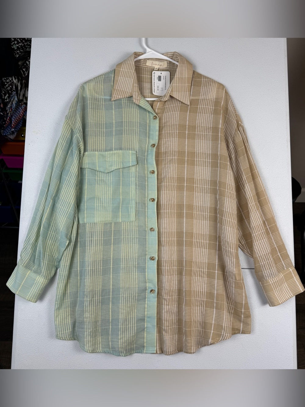 Fanco Two Tone Button Down Shirt Womens M Medium Blue‎ Tan Oversized Lightweight